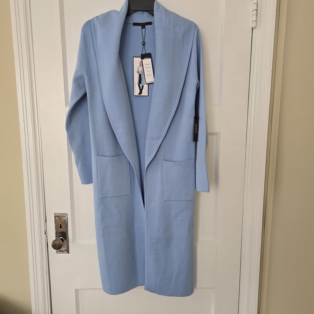 Women’s Light Blue Open-Front Long Coatigan with Patch Pockets
